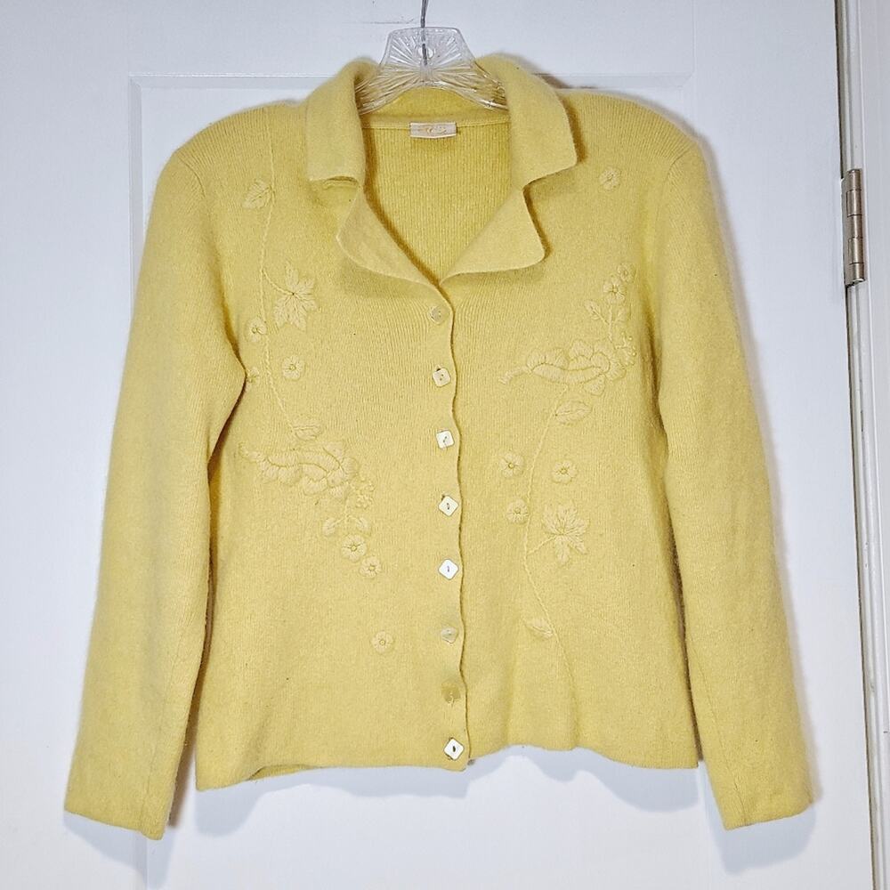 Vintage Angora Floral Embroidered Button Cardigan Sweater Yellow M
